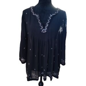 Bila Women's Medium Sheer Black Boho Embroidered, Sequined Blouse